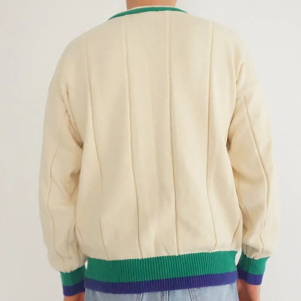 Gant Cream Cotton Ribbed Knit Sweater Green Trim Preppy Collegiate Old Money L - Picture 2 of 9
